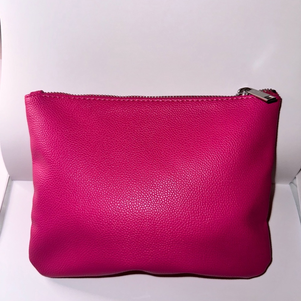 Pink Cosmetic Vegan Leather Bag with Silver Tone Hardware and Zipper Closure